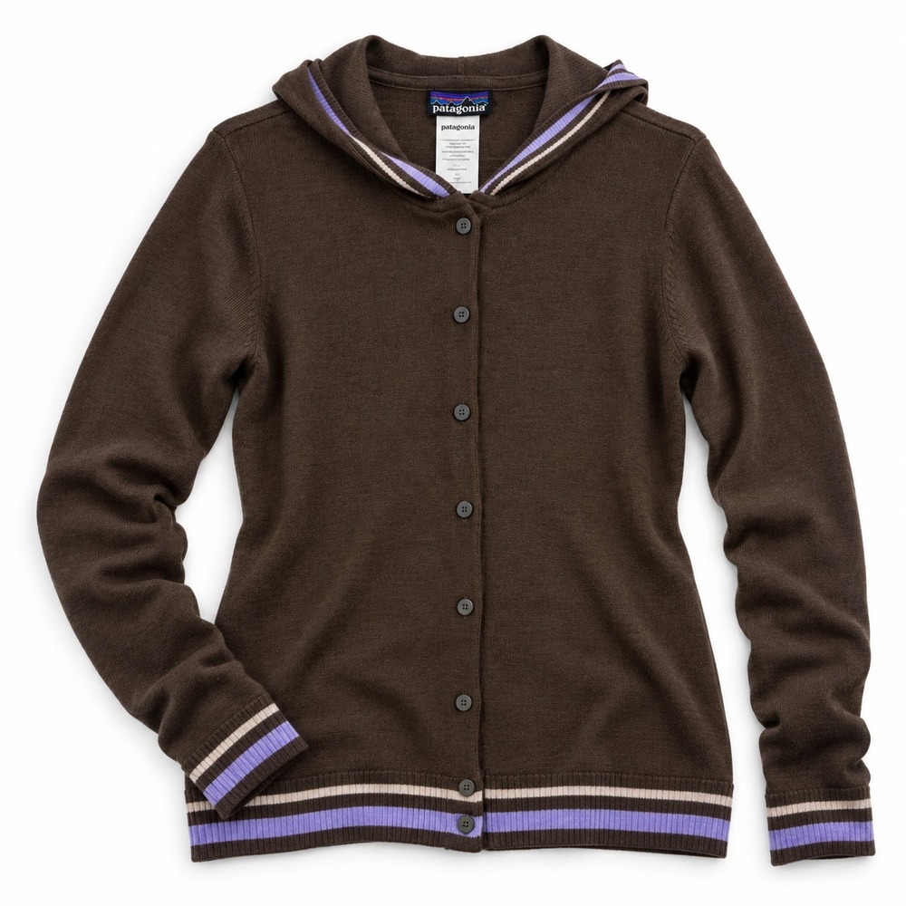 Patagonia Womens Merino Wool Hooded Cardigan Sweater Brown Purple Stripe Large